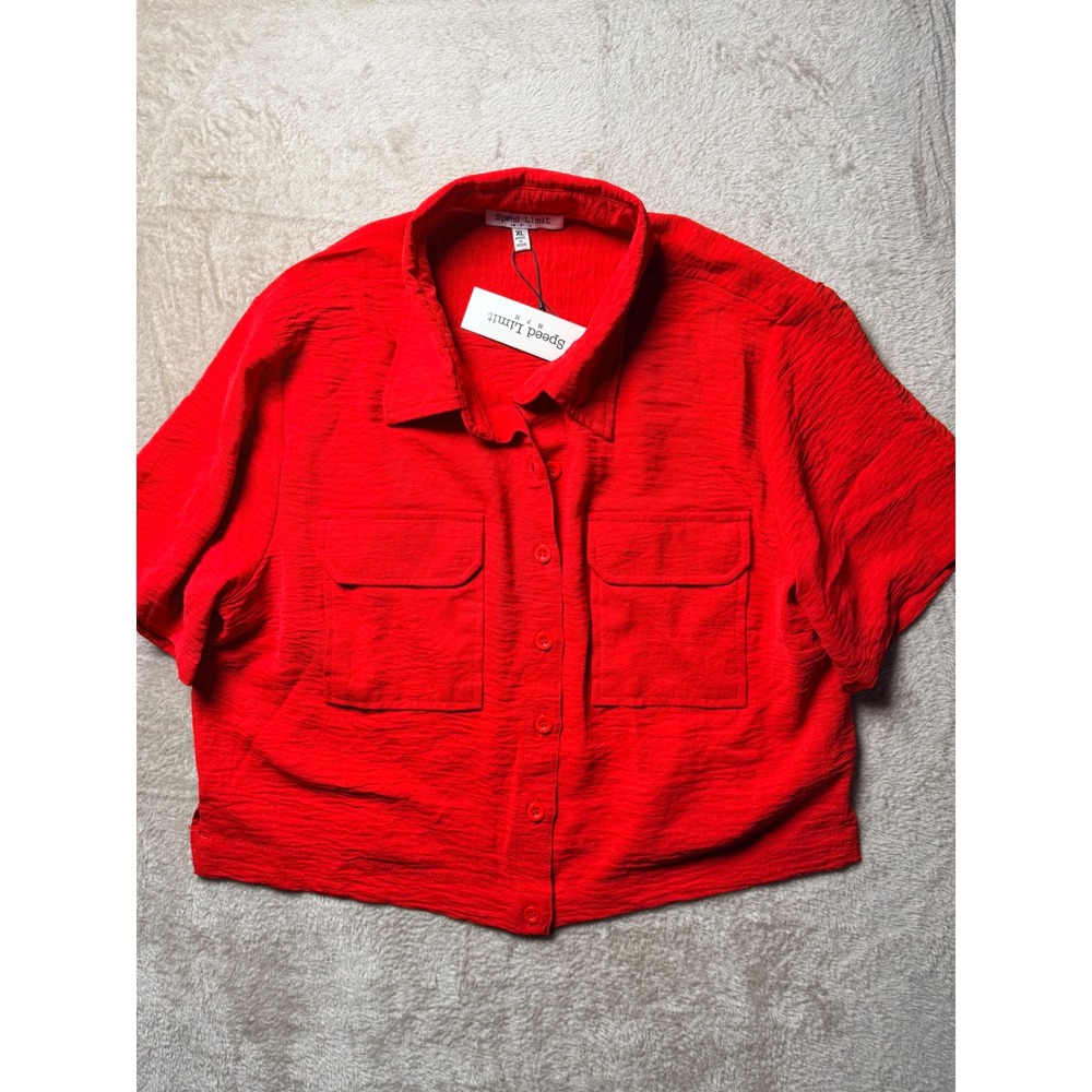 VTG Speed Limit MPH Red Cropped Short Sleeve Button Down Utility Shirt XL NWT